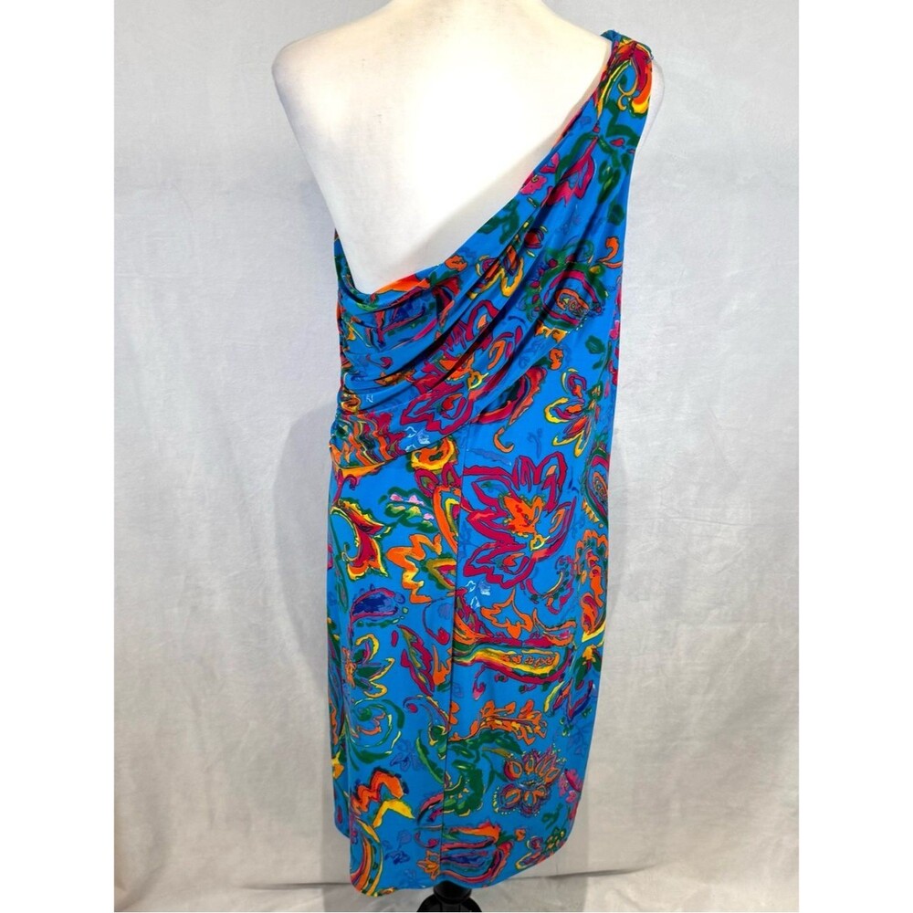 Ralph Lauren blue tropical one shoulder faux wrap resortwear dress size 14 - Picture 5 of 7